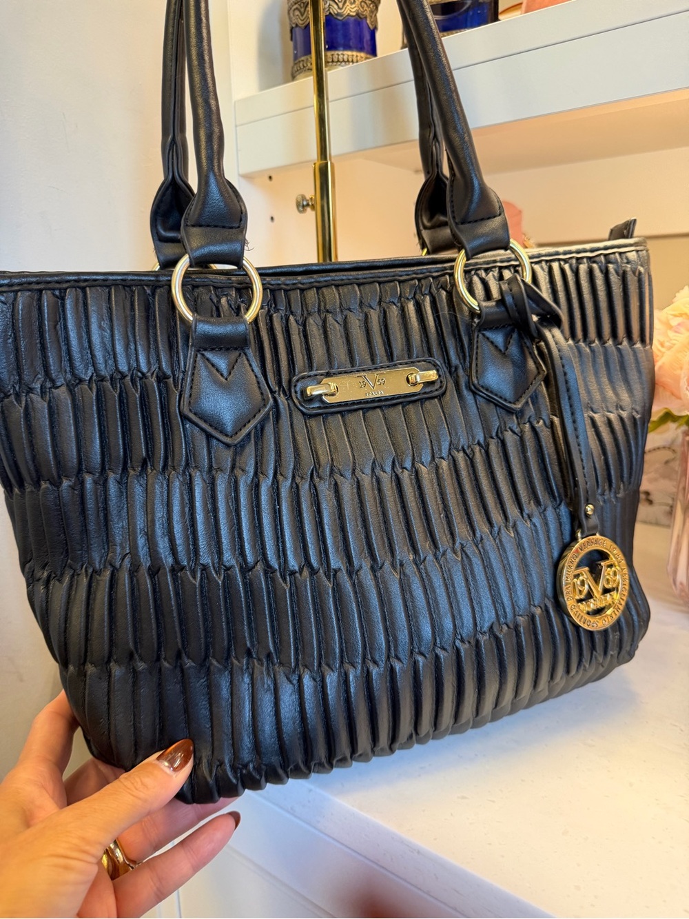 Versace 1969 sport Black Quilted leather Shoulder Bag with Gold-Tone Plaque